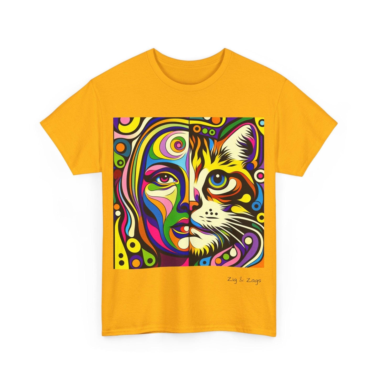 Pop Art Half Woman and Cat Portrait Cotton Tee