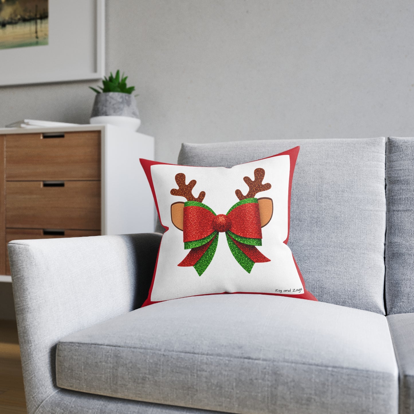 Christmas Reindeer Bow Square Cushion