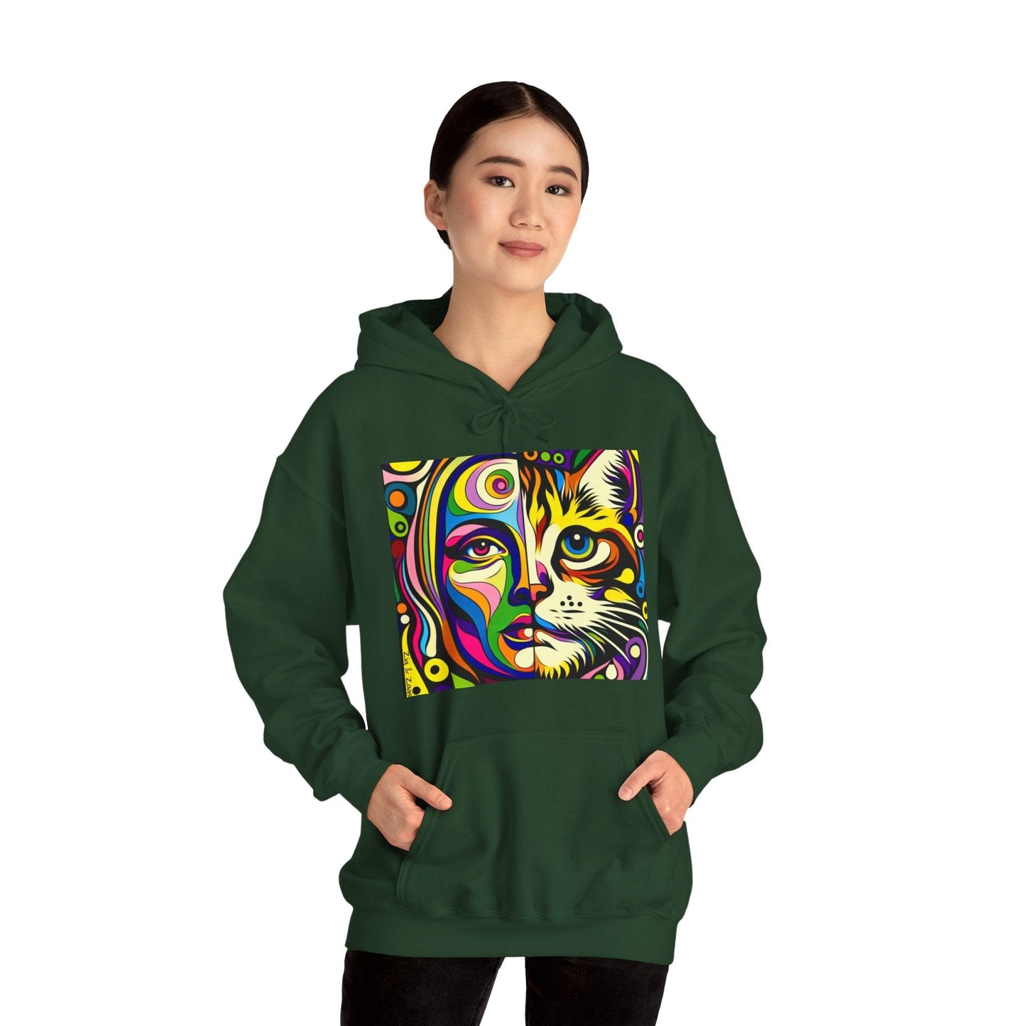 Pop Art Hoodie with Half Woman and Cat Design