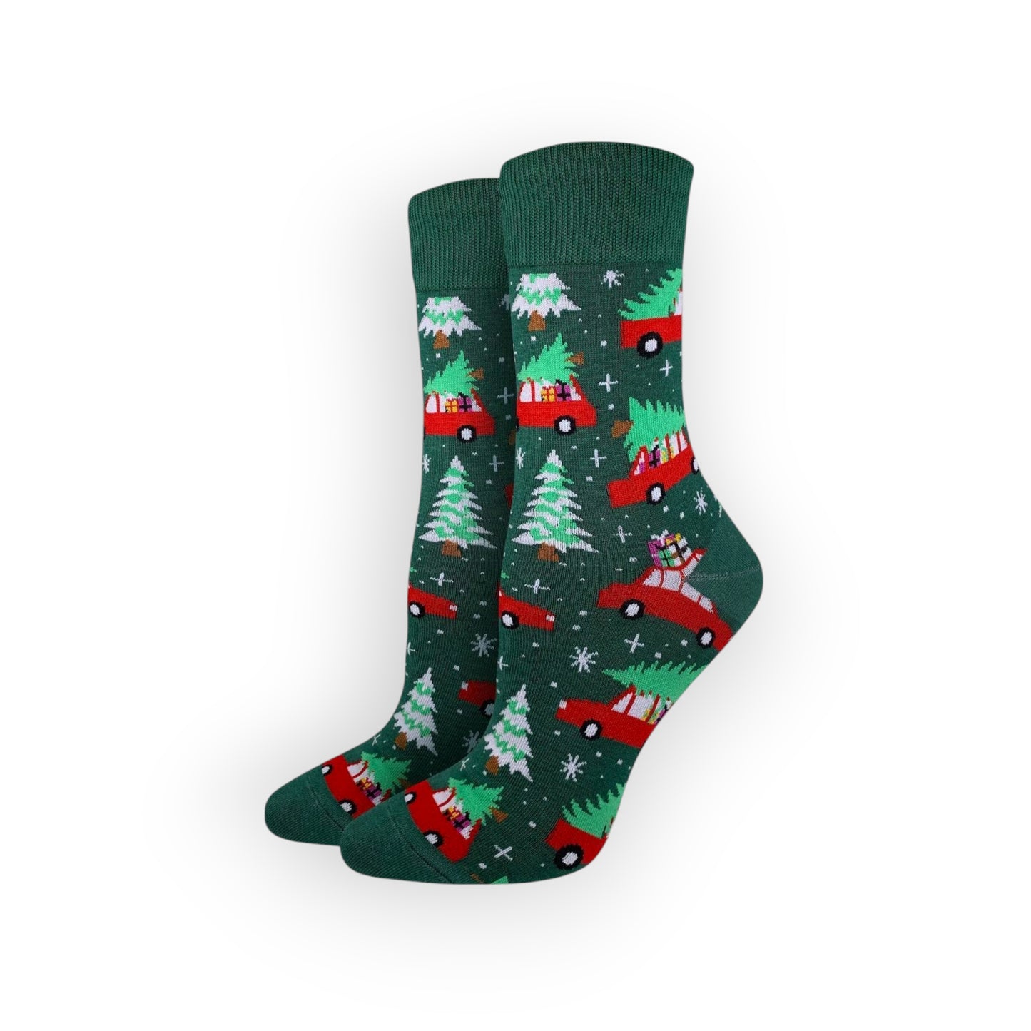 Unisex Christmas Cars Green Cotton Socks