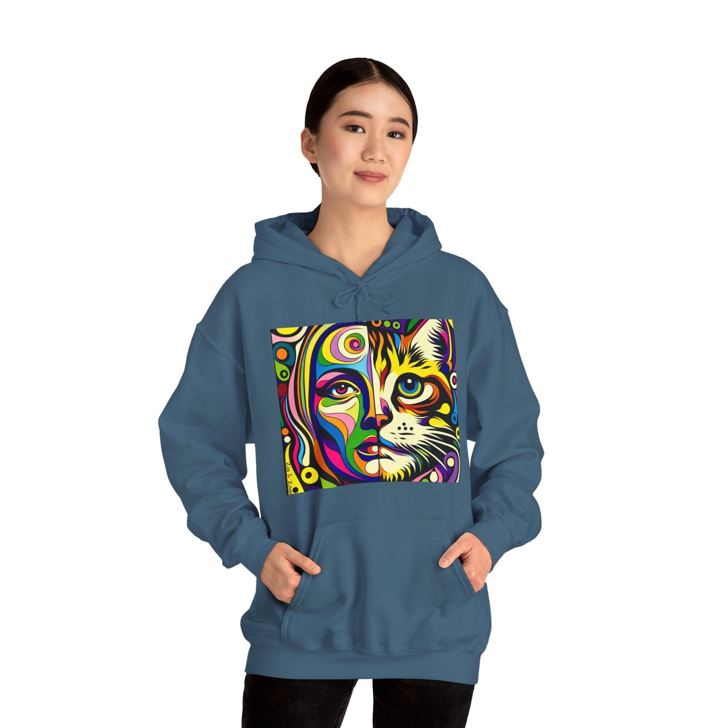 Pop Art Hoodie with Half Woman and Cat Design