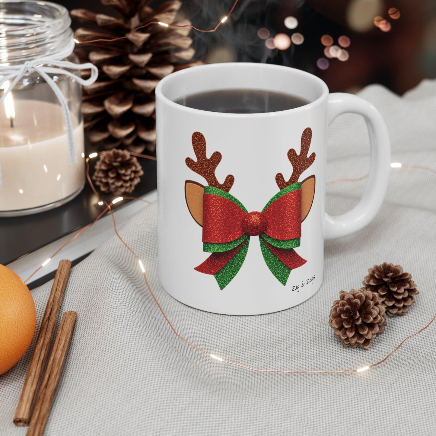 Christmas Reindeer Bow White Ceramic Coffee Mug