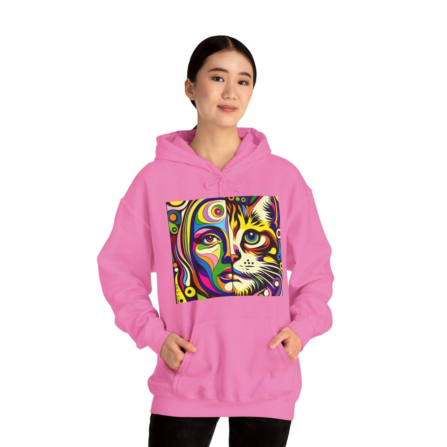 Pop Art Hoodie with Half Woman and Cat Design