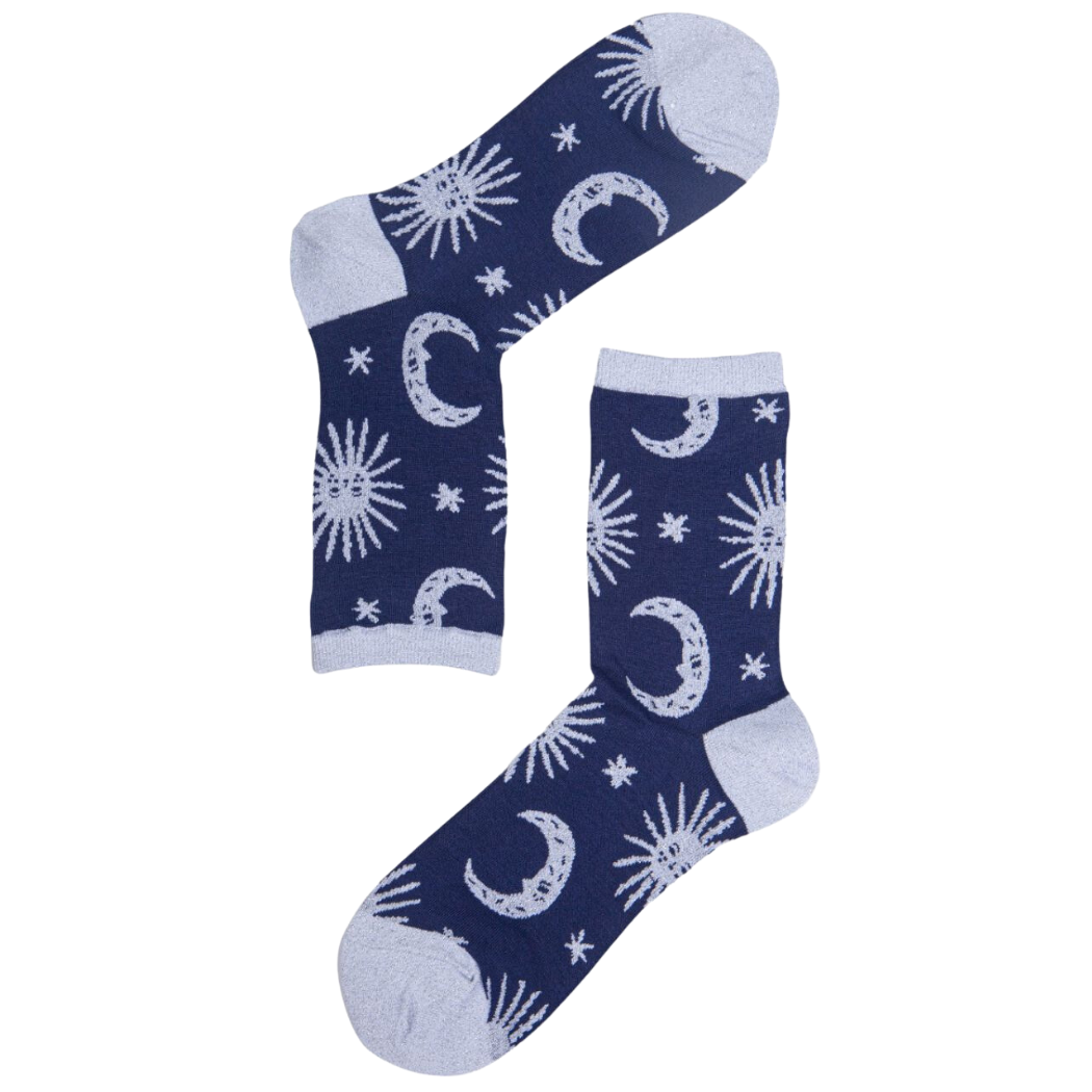 Women's Silver Celestial Stars and Moon Bamboo Glitter Socks