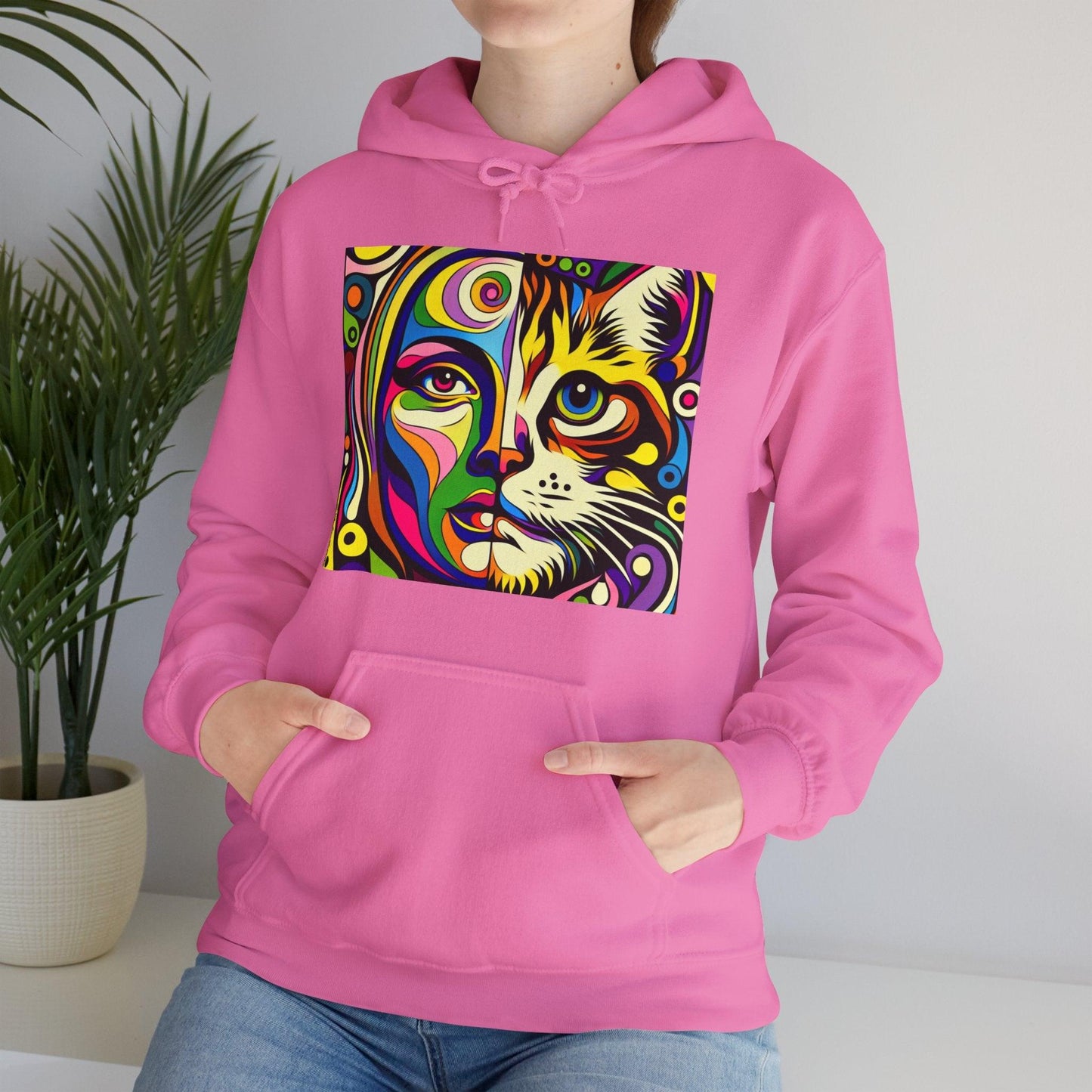 Pop Art Hoodie with Half Woman and Cat Design