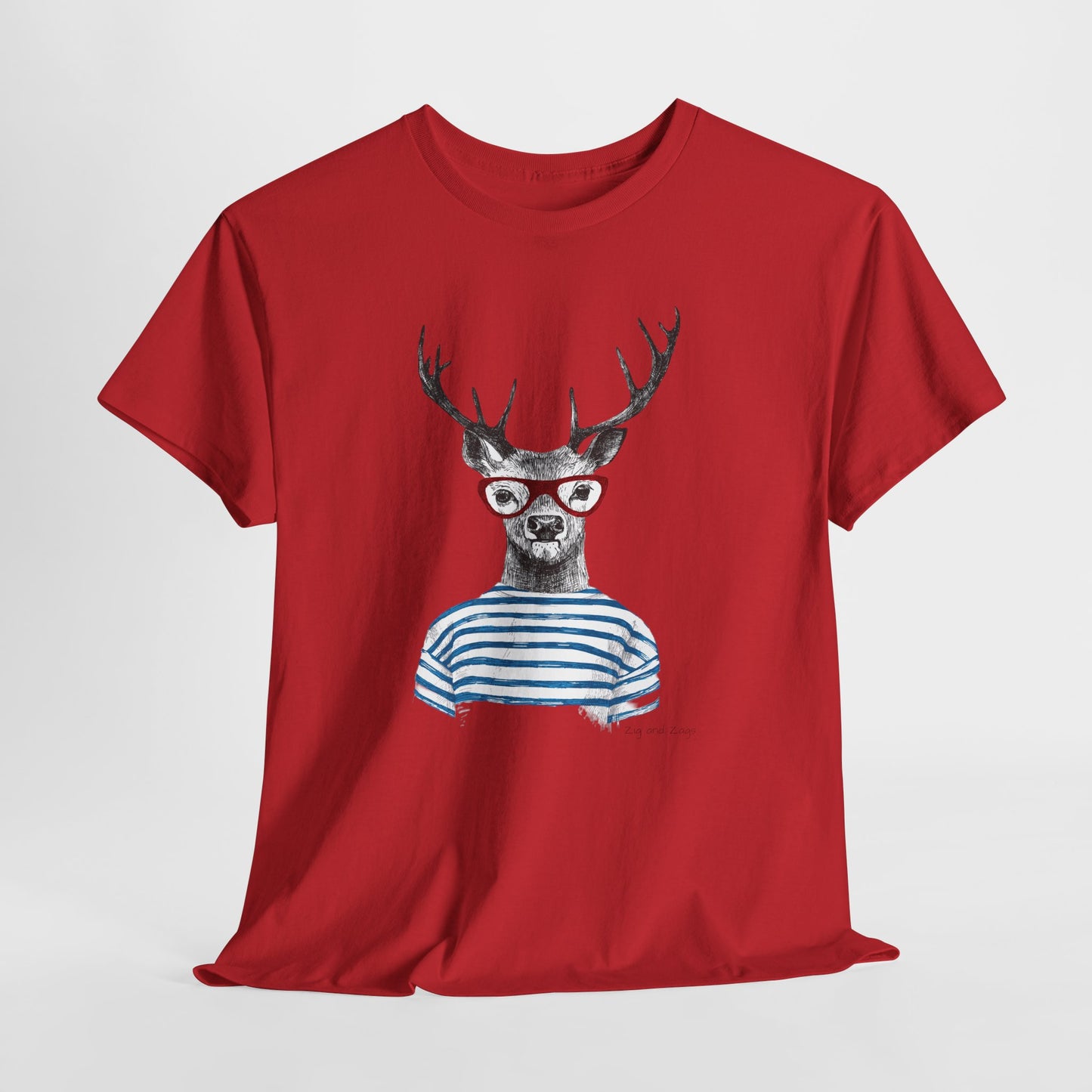 Deer in Glasses Graphic Tee — Quirky Striped Stag T-Shirt
