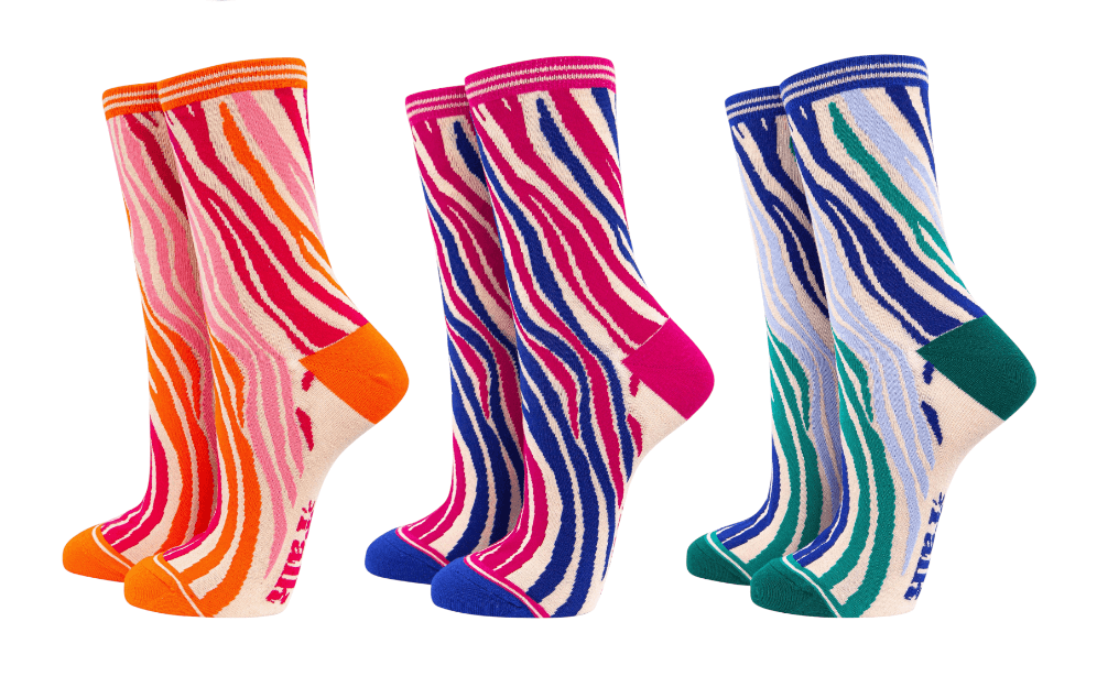 3 Pairs of women's zebra print bamboo socks in different colours