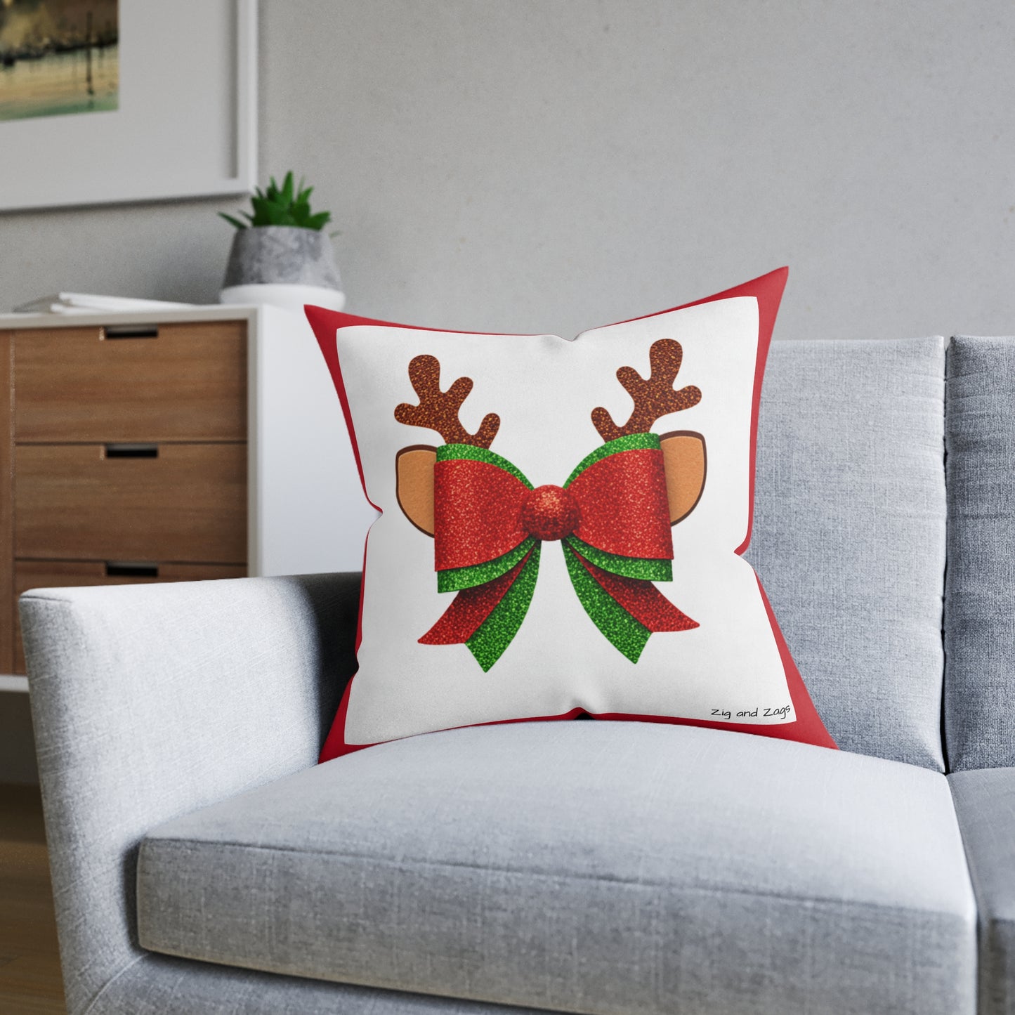 Christmas Reindeer Bow Square Cushion