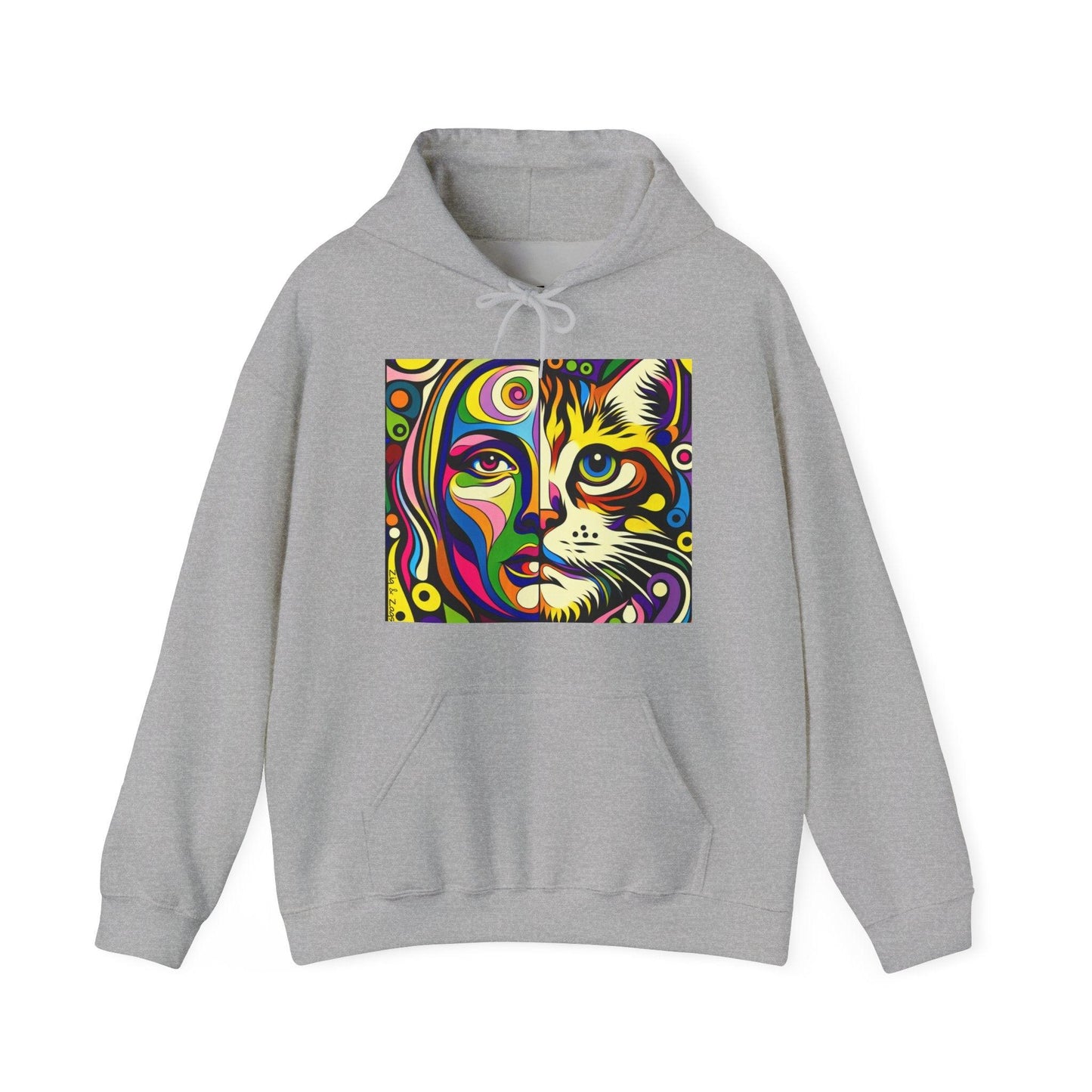 Pop Art Hoodie with Half Woman and Cat Design