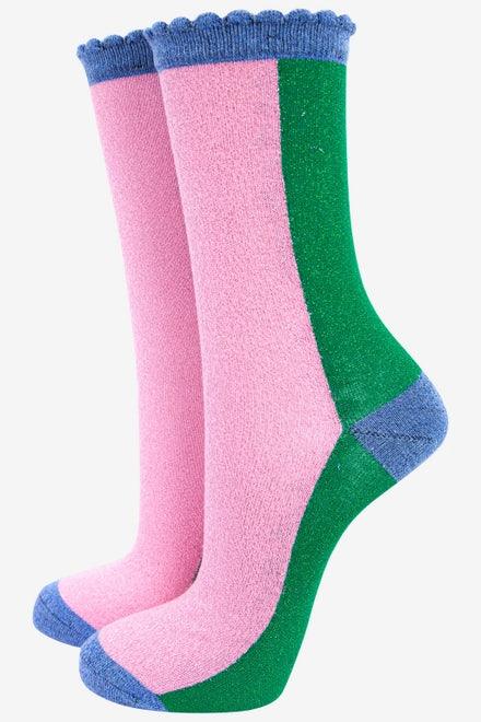 Women's Cotton Glitter Socks Colour Block in Green & Pink