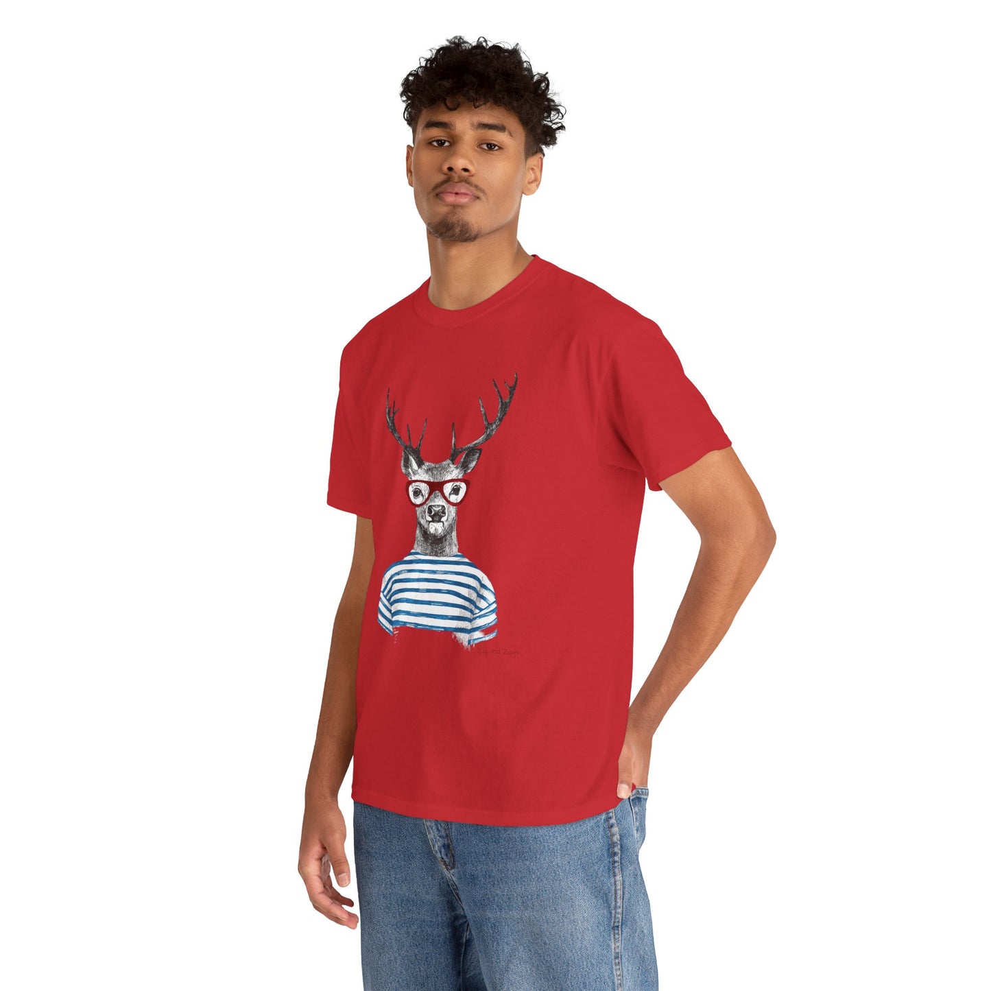 Deer in Glasses Graphic Tee — Quirky Striped Stag T-Shirt
