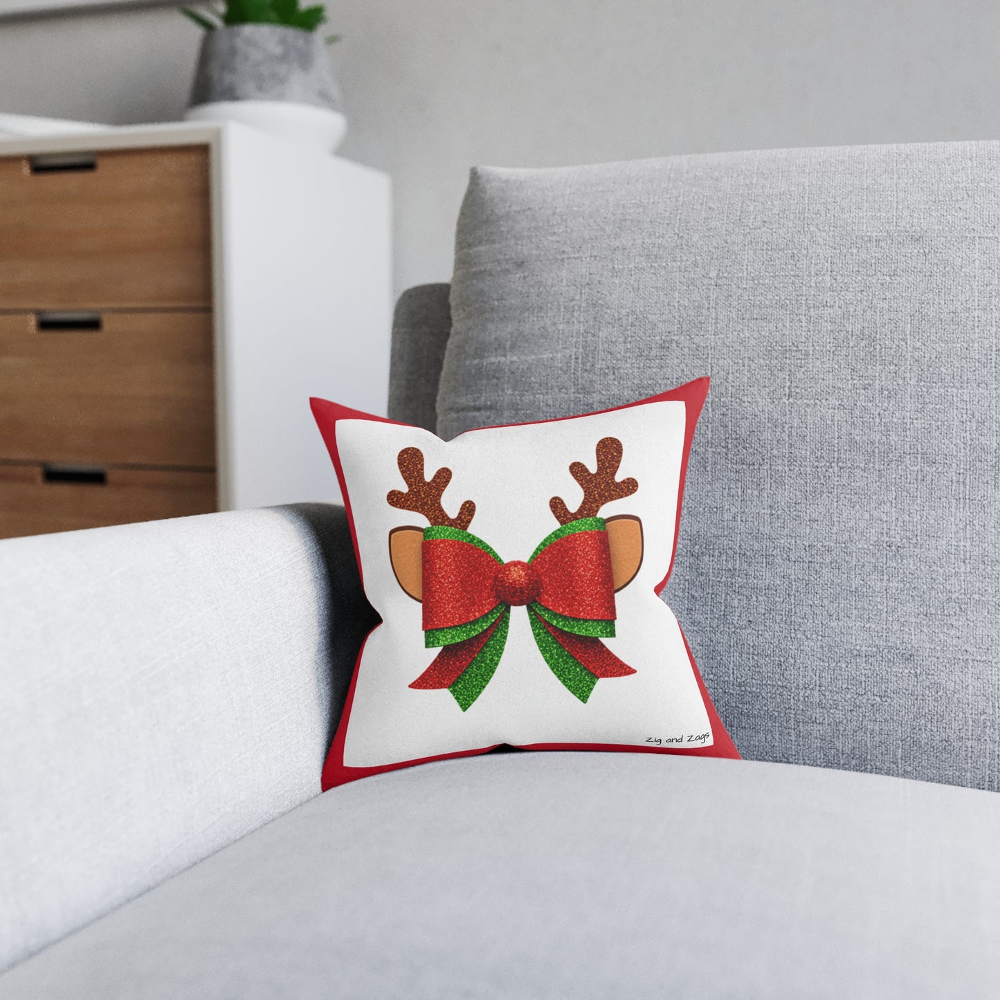 Christmas Reindeer Bow Square Cushion