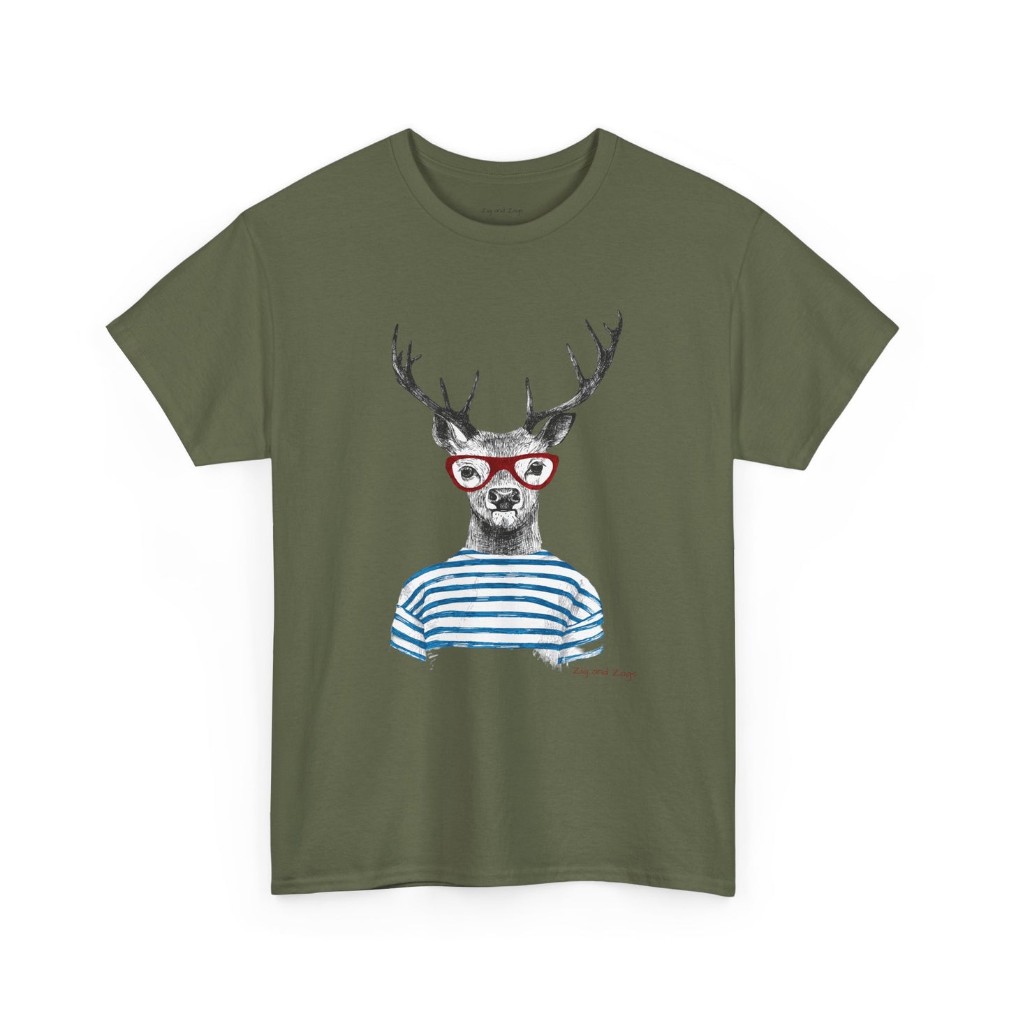 Deer in Glasses Graphic Tee — Quirky Striped Stag T-Shirt