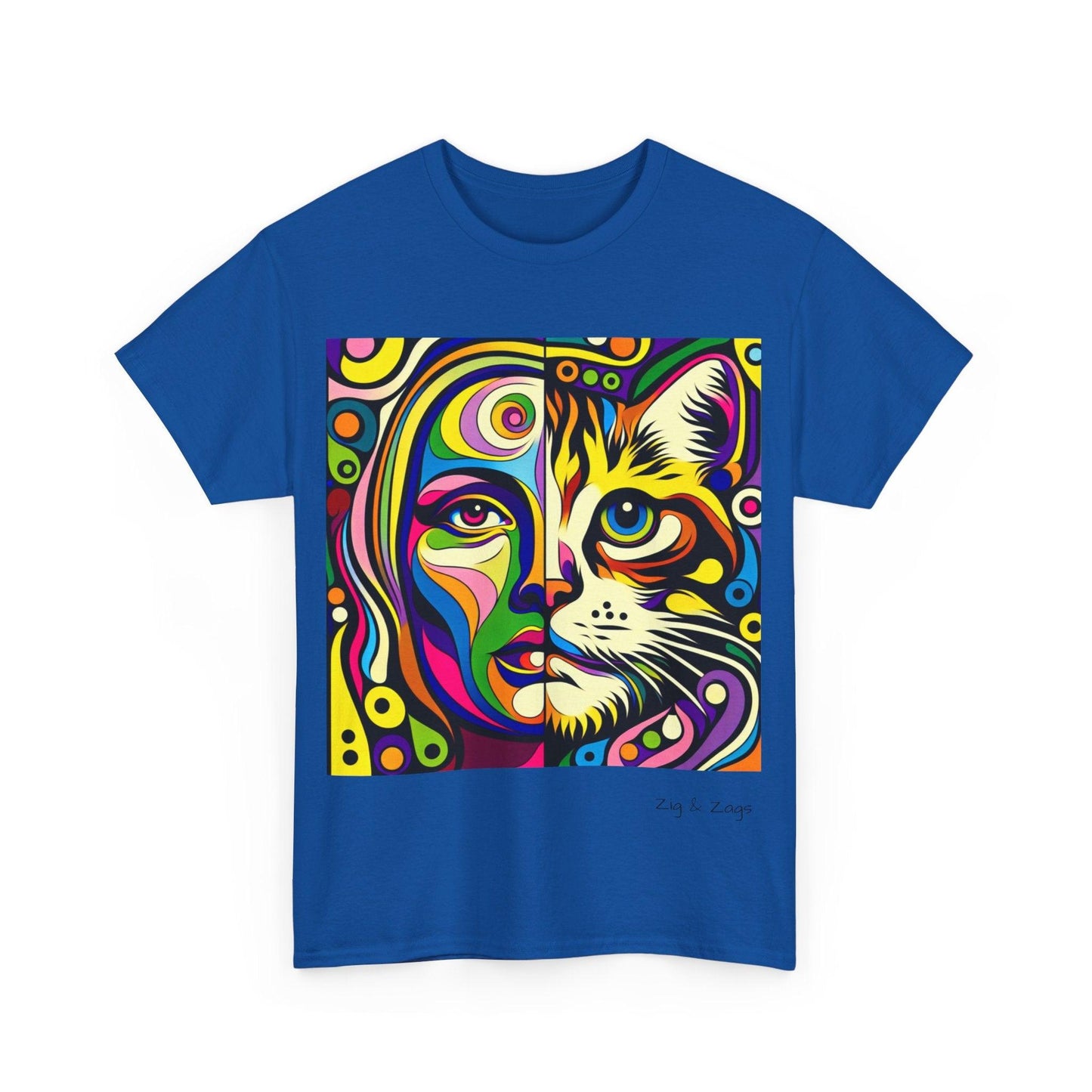 Pop Art Half Woman and Cat Portrait Cotton Tee