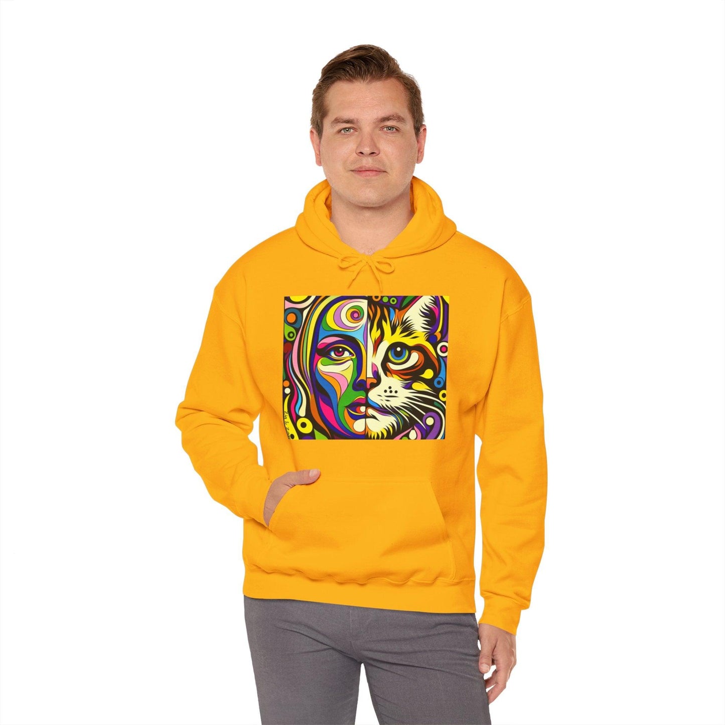 Pop Art Hoodie with Half Woman and Cat Design