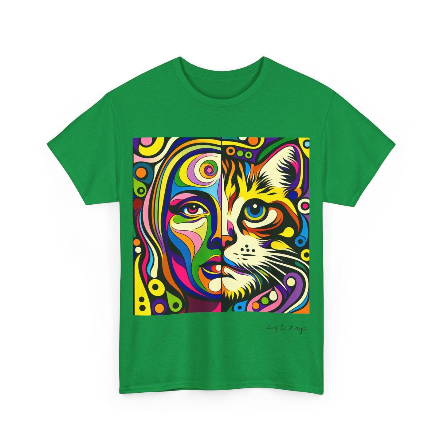 Pop Art Half Woman and Cat Portrait Cotton Tee