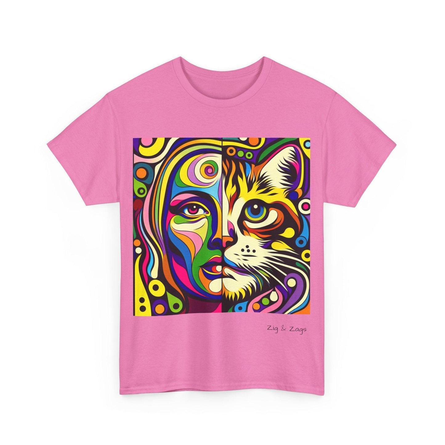 Pop Art Half Woman and Cat Portrait Cotton Tee