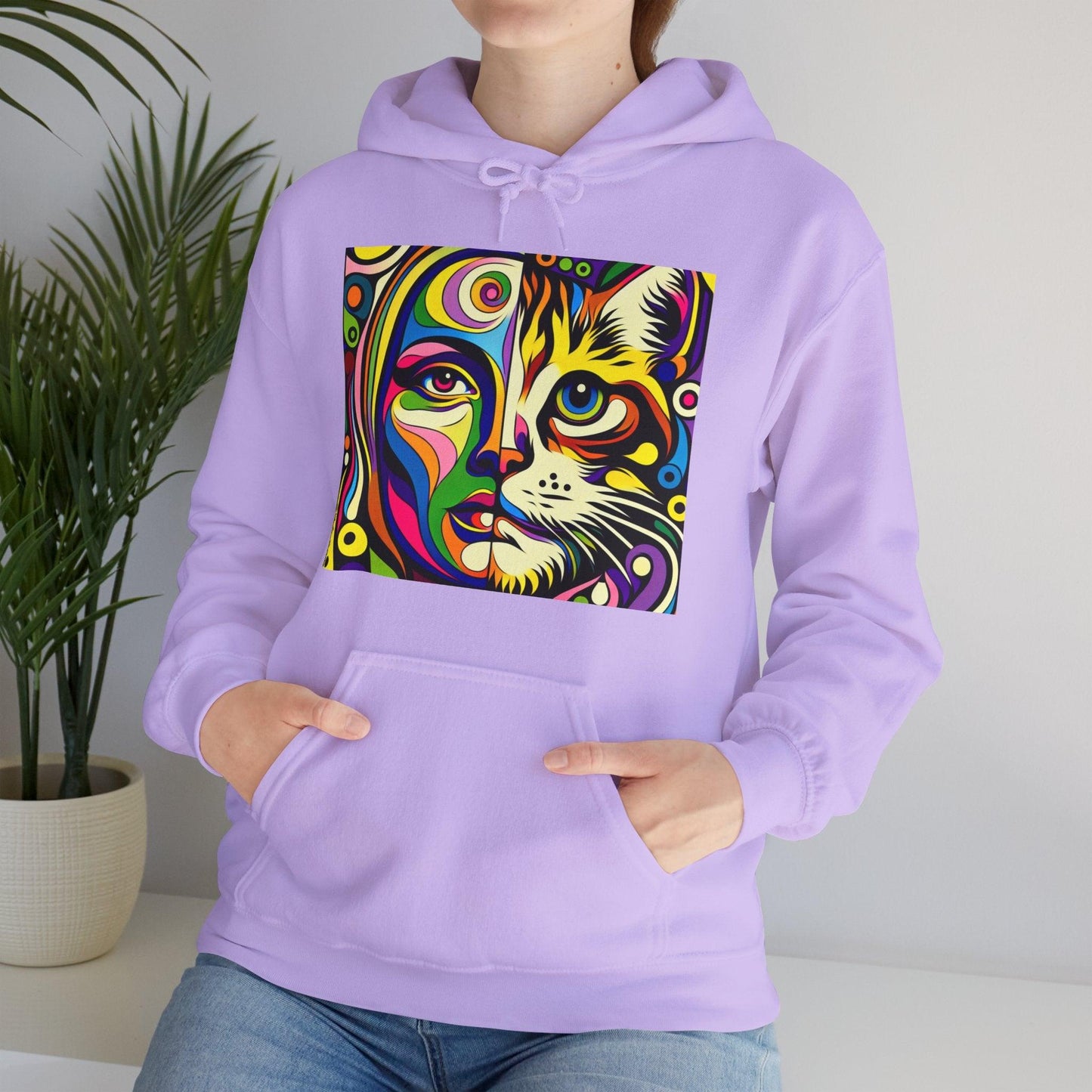 Pop Art Hoodie with Half Woman and Cat Design