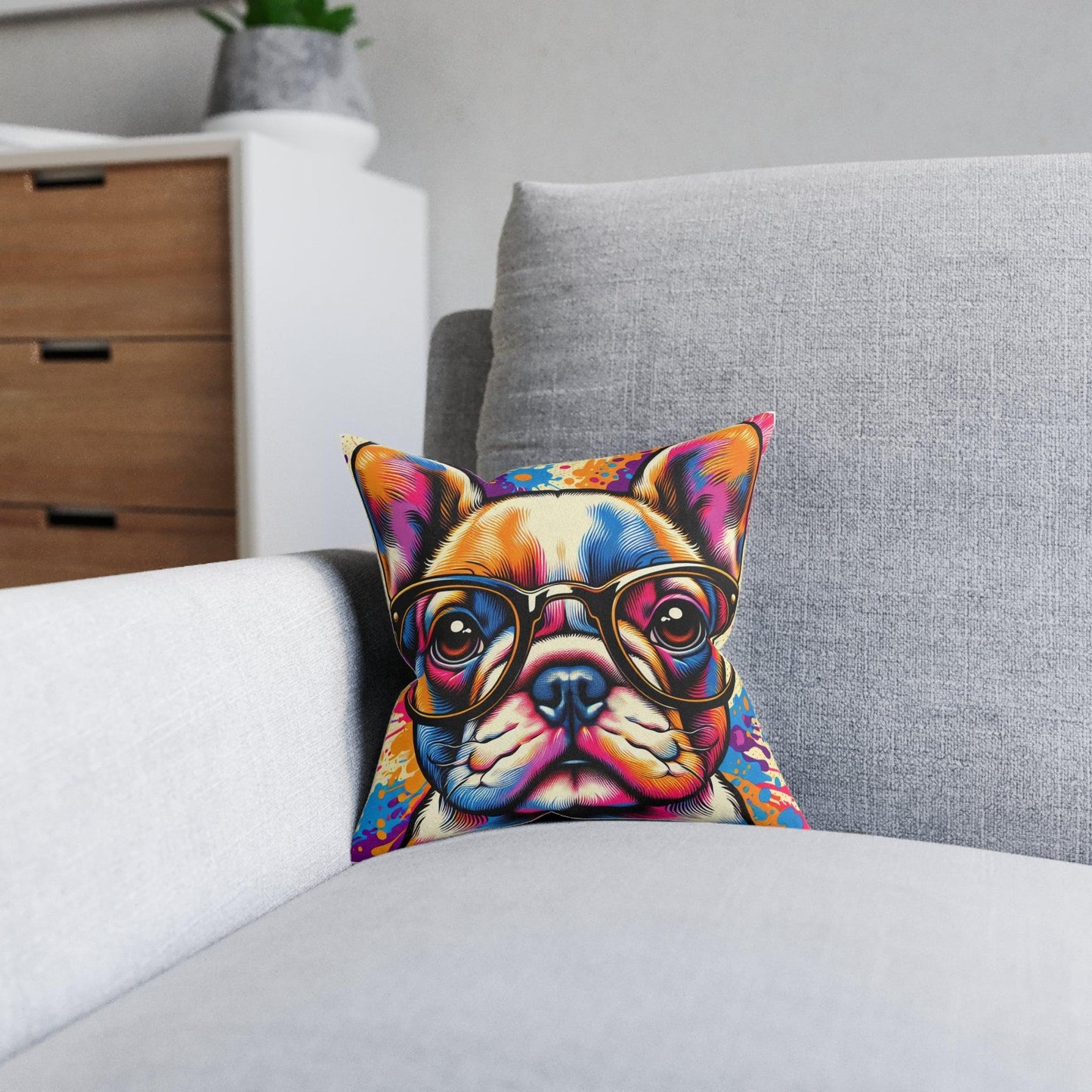 French Bulldog Wearing Glasses Pop Art Square Cushion