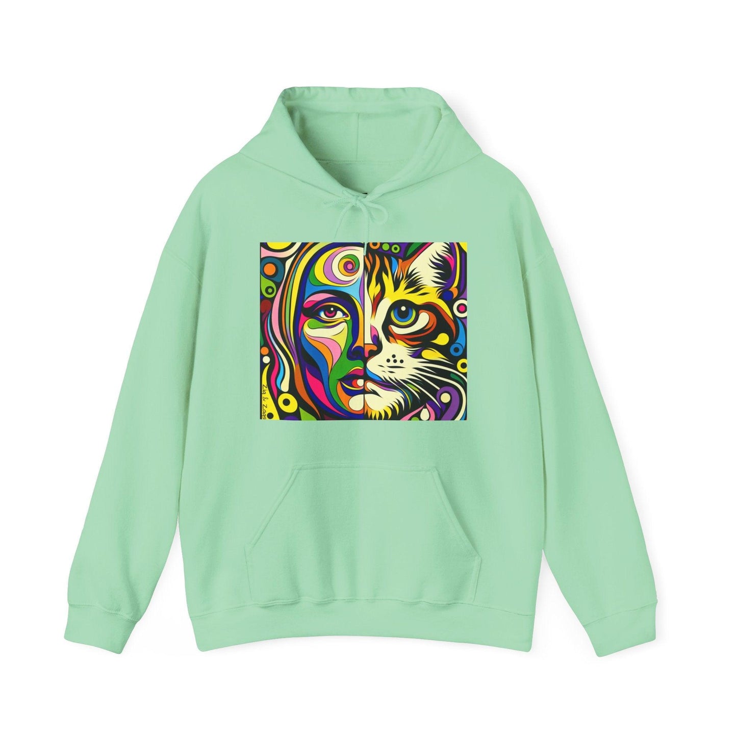 Pop Art Hoodie with Half Woman and Cat Design