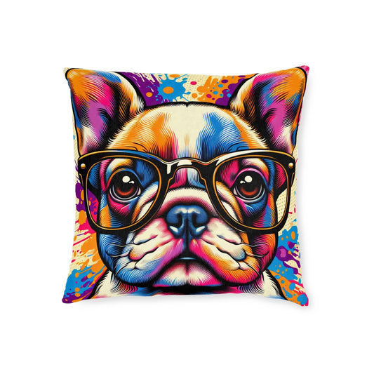 French Bulldog Wearing Glasses Pop Art Square Cushion