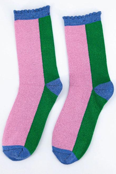 Women's Cotton Glitter Socks Colour Block in Green & Pink