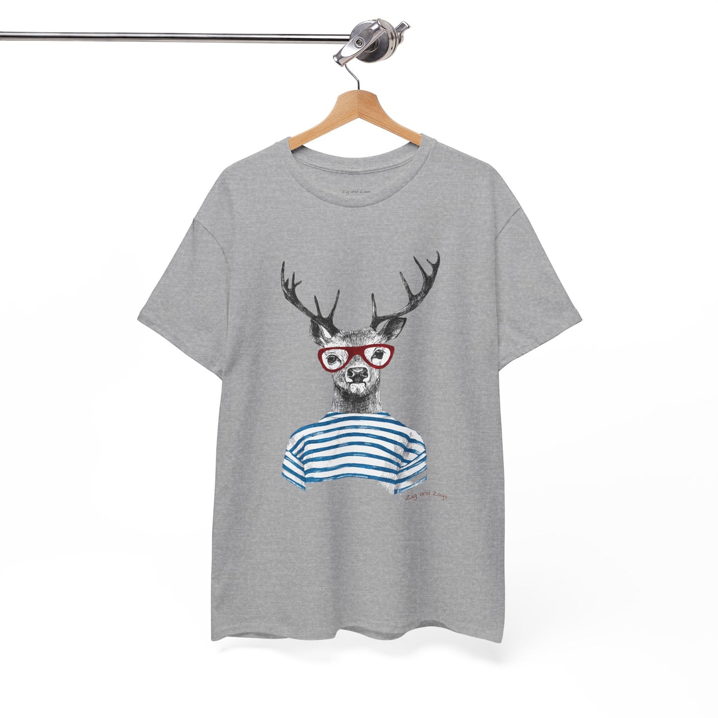 Deer in Glasses Graphic Tee — Quirky Striped Stag T-Shirt