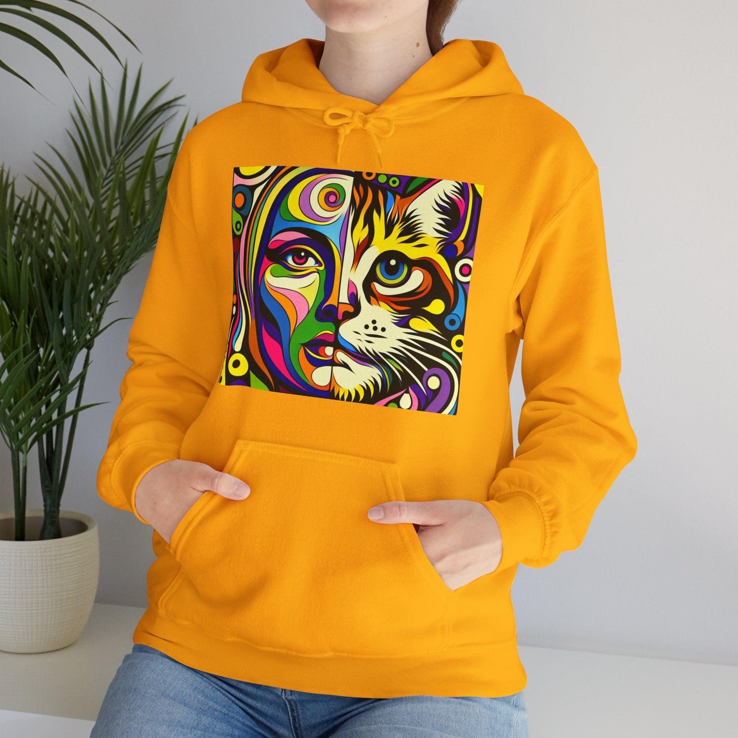 Pop Art Hoodie with Half Woman and Cat Design