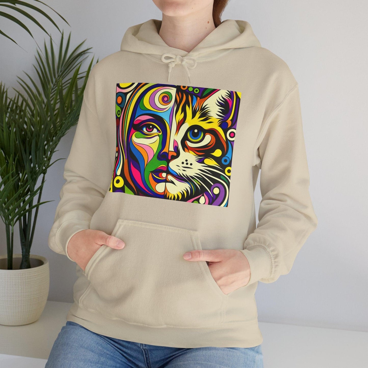 Pop Art Hoodie with Half Woman and Cat Design