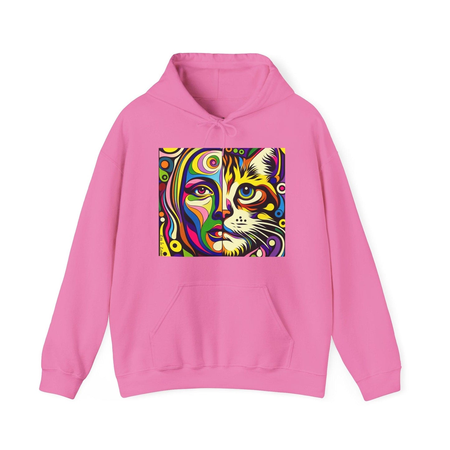 Pop Art Hoodie with Half Woman and Cat Design