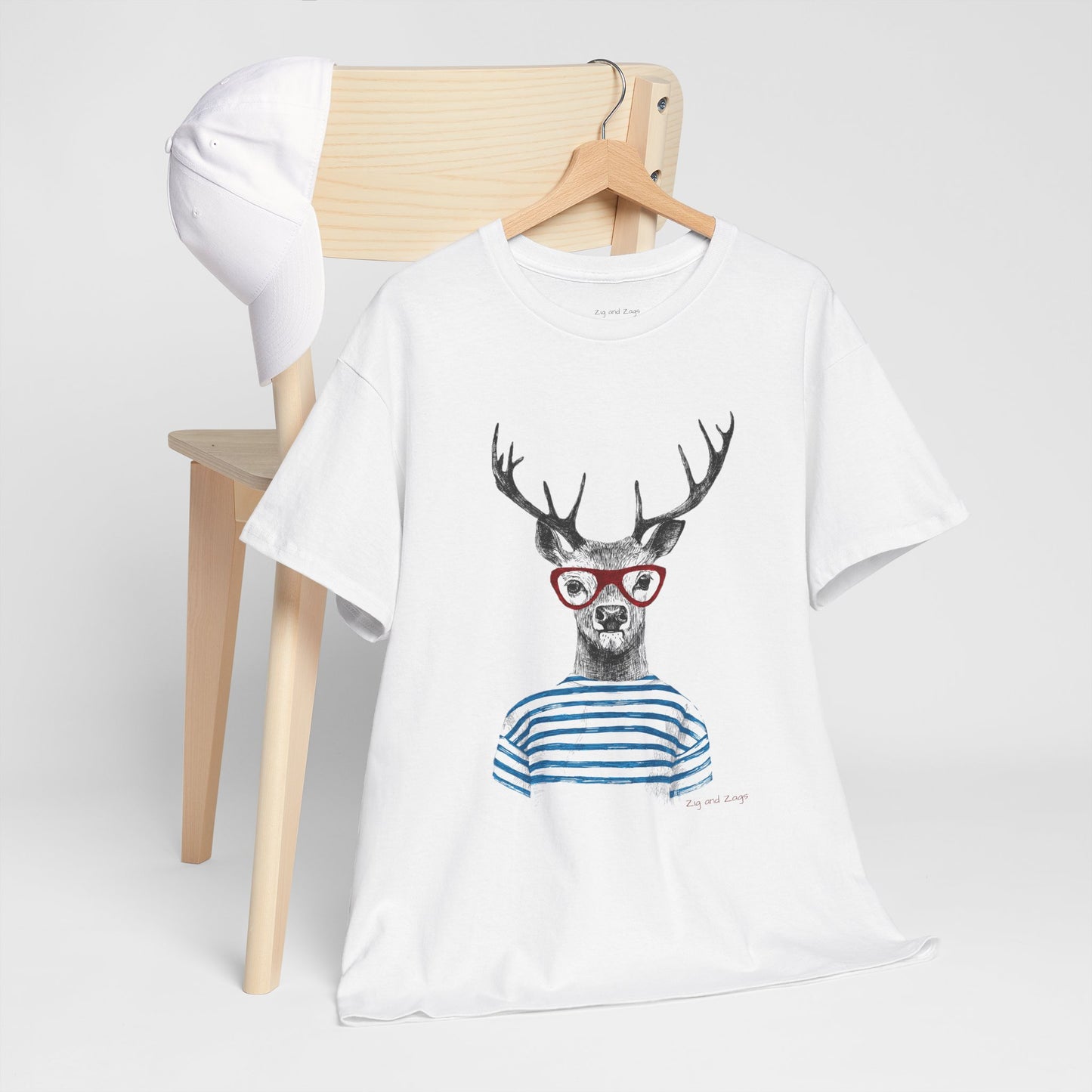 Deer in Glasses Graphic Tee — Quirky Striped Stag T-Shirt