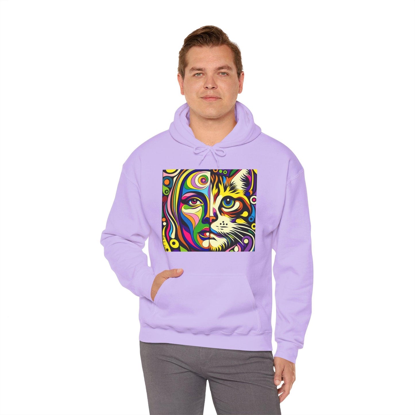 Pop Art Hoodie with Half Woman and Cat Design