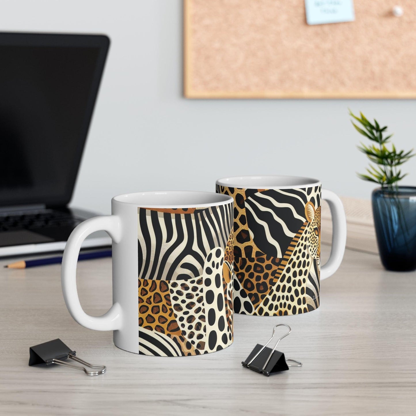 Animal Print White Ceramic Mug with Office Background