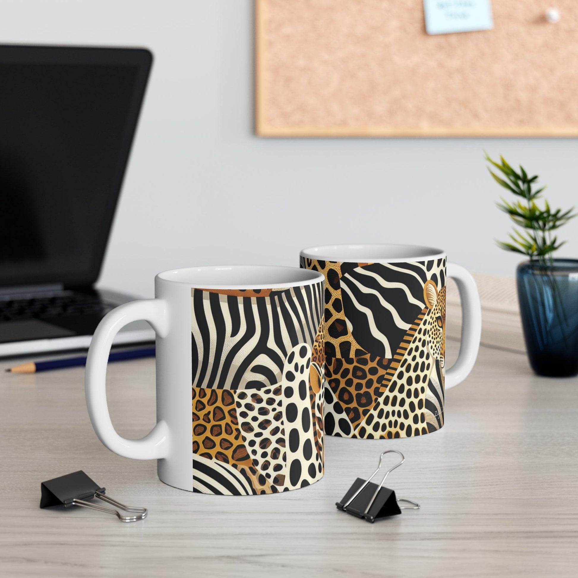 Animal Print White Ceramic Mug with Office Background
