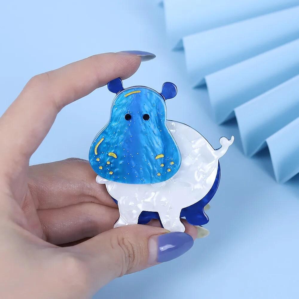 Blue Hippo Acrylic Brooch with Hand