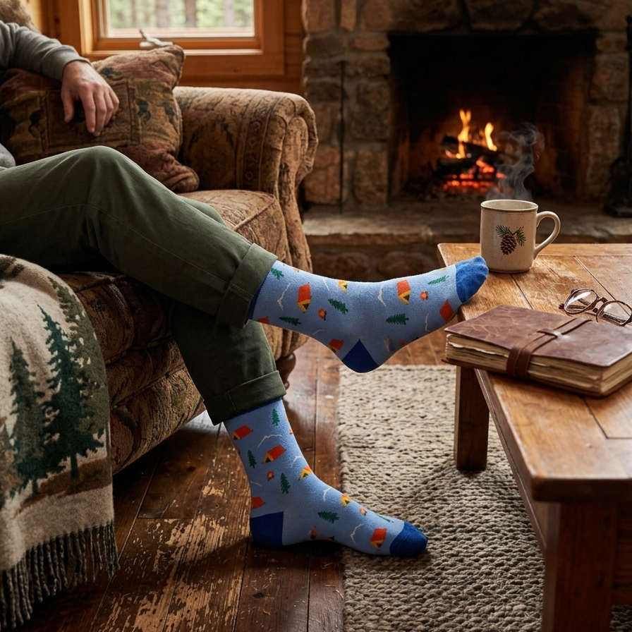 A pair of light blue bamboo socks featuring a campsite scene with tents and trees.