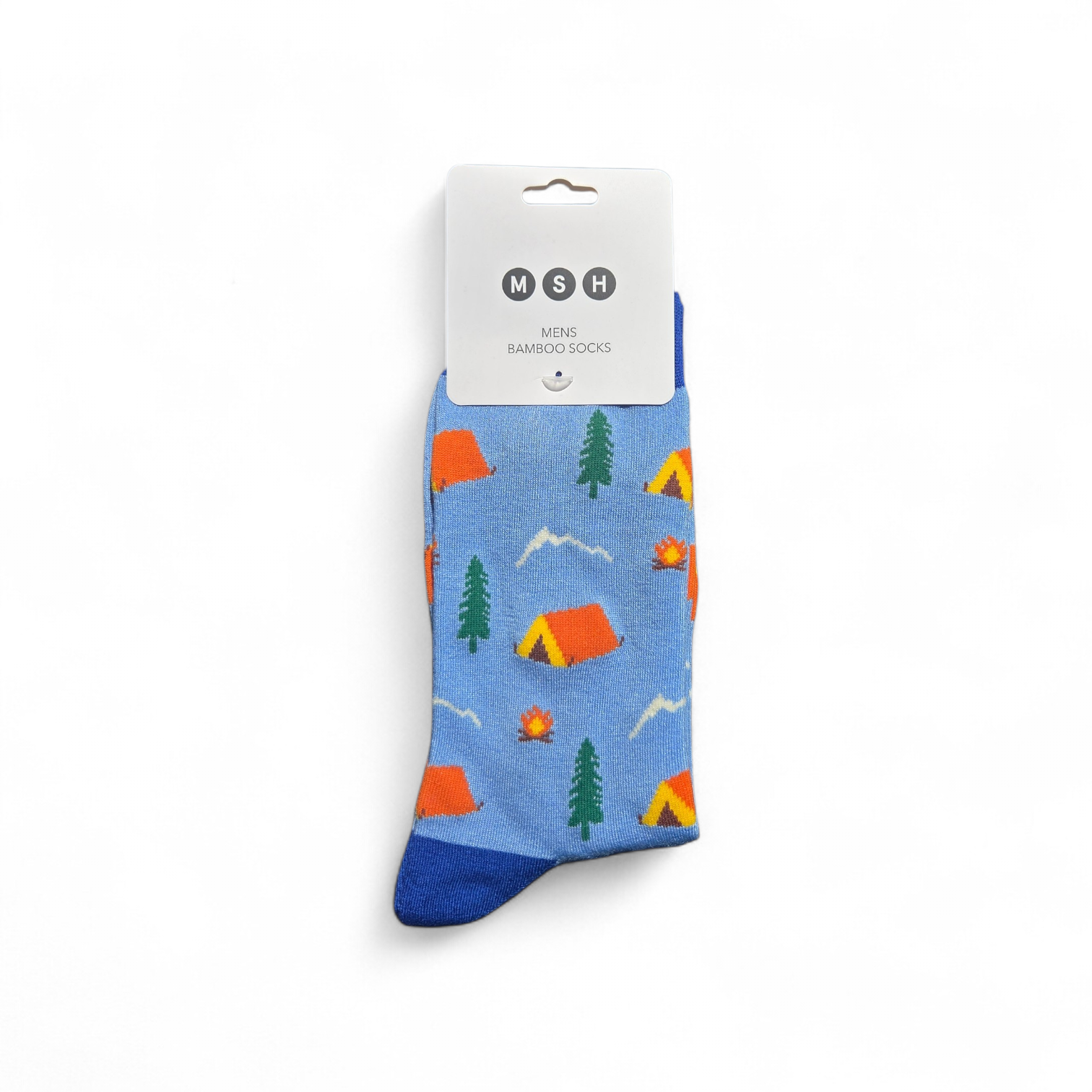 A pair of light blue bamboo socks featuring a campsite scene with tents and trees.