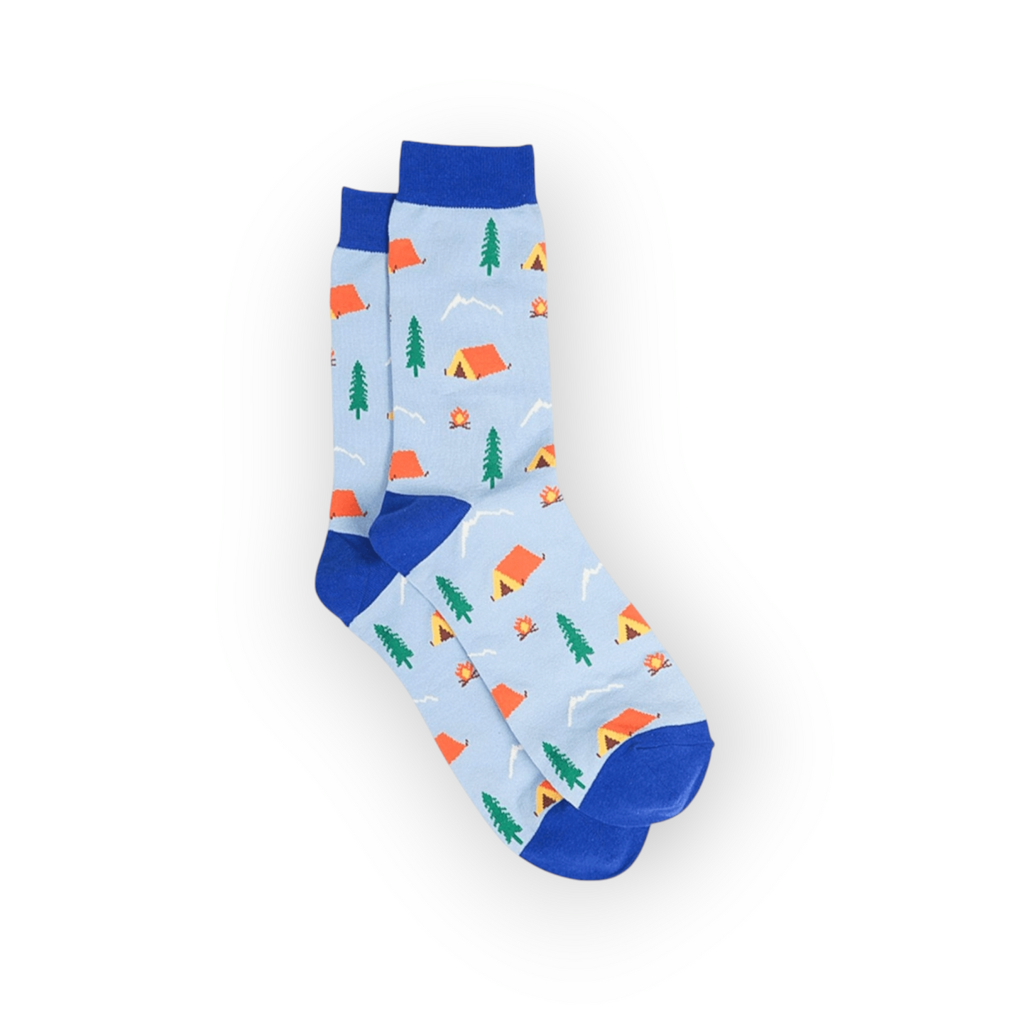A pair of light blue bamboo socks featuring a campsite scene with tents and trees.