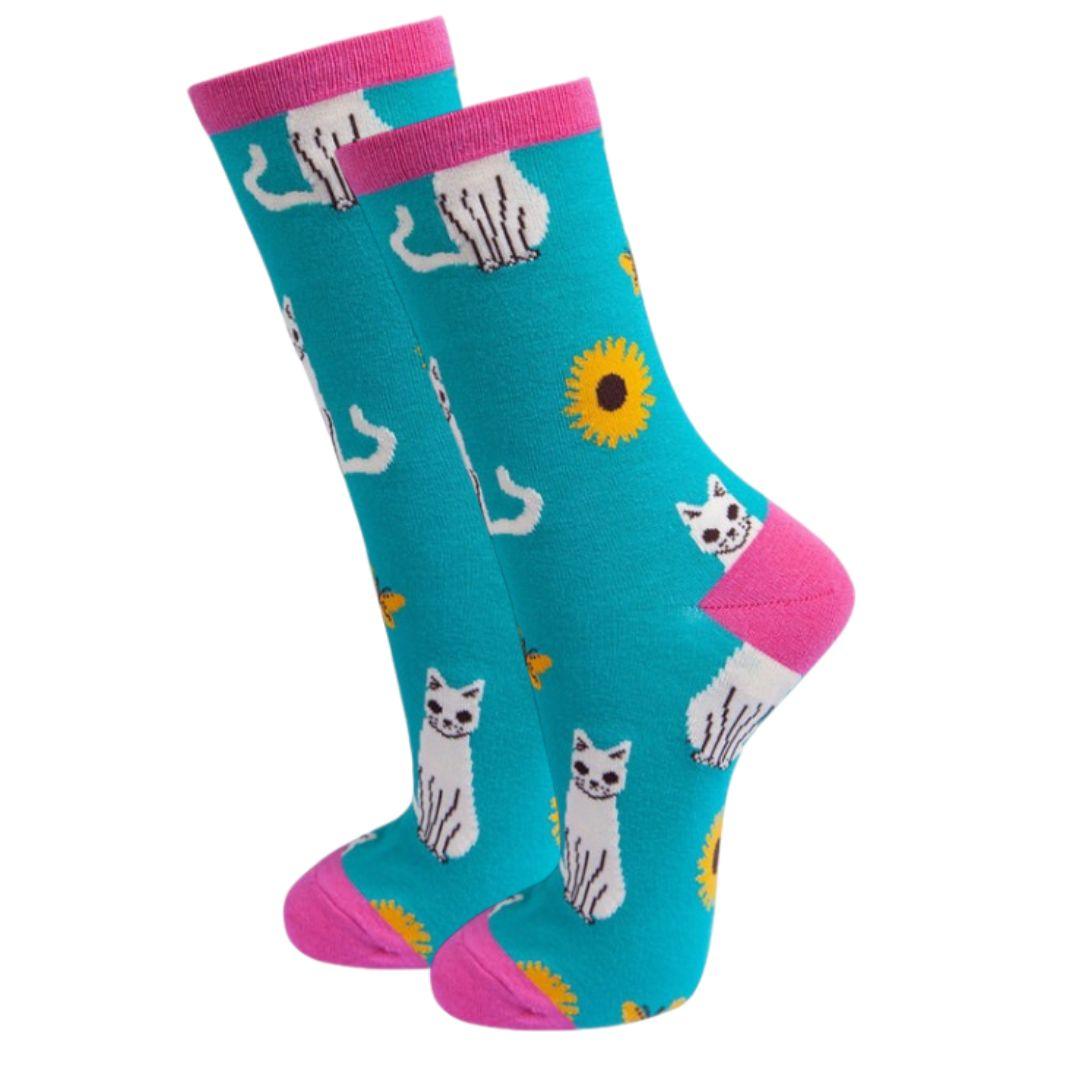 women's cat and sunflowers bamboo socks