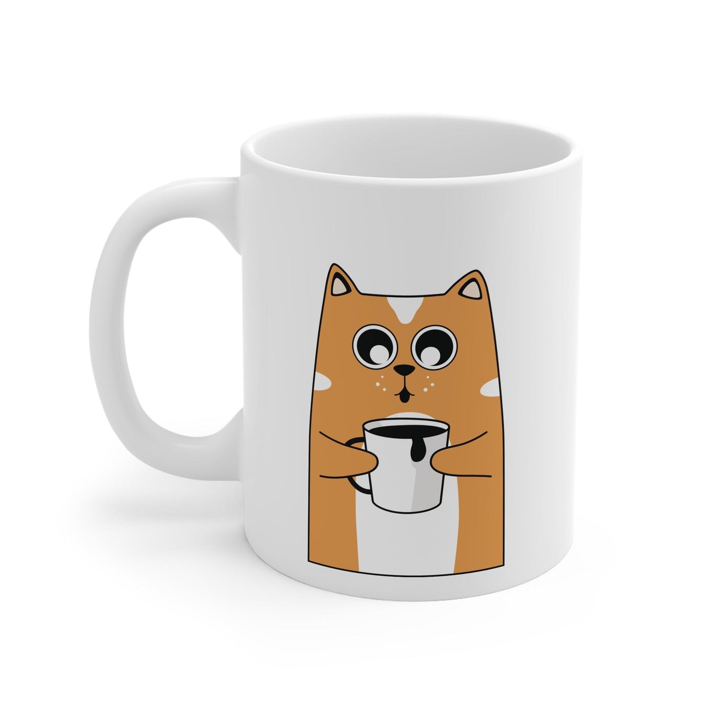 Side view of 11oz cat print coffee mug showing comfortable C-handle