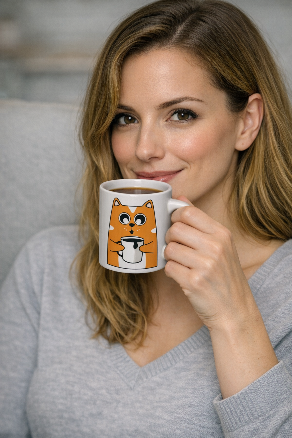 Woman holding a mug with a cat design, smiling.