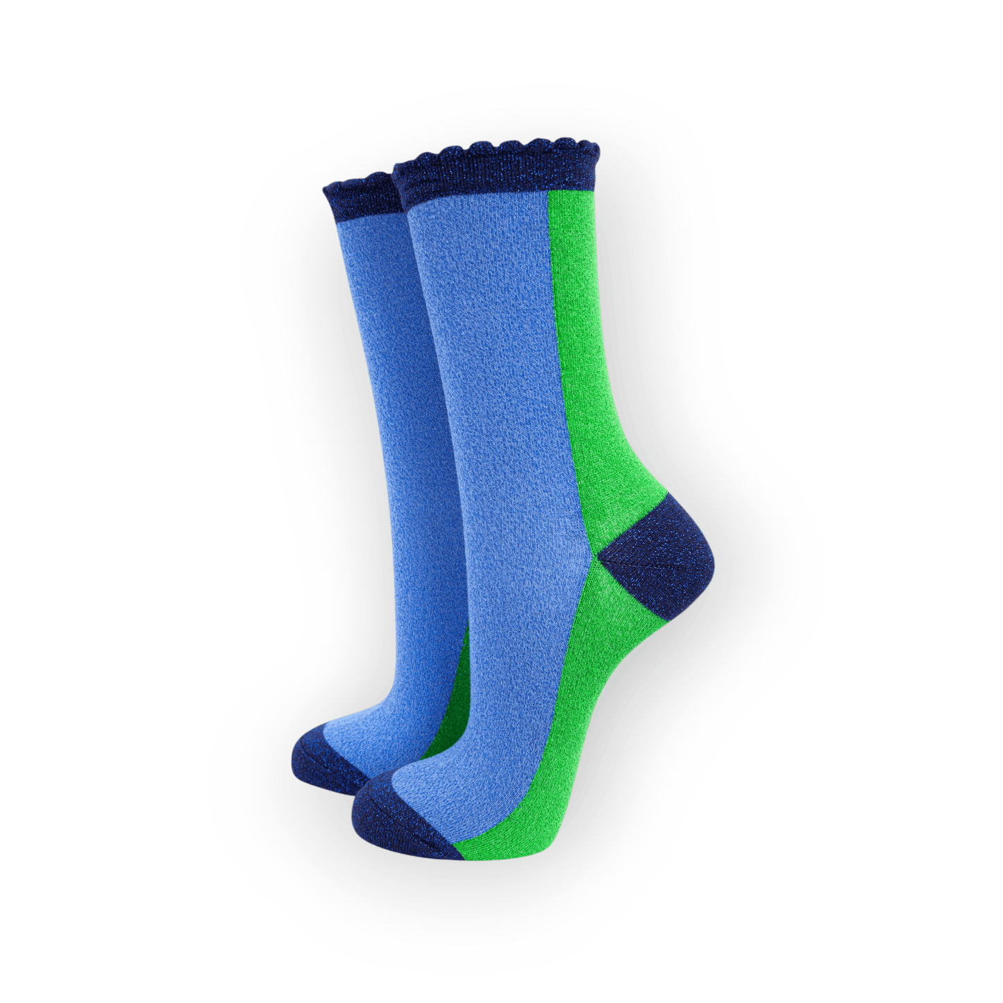 A pair of women's ankle socks with color block design in blue and green, featuring a scalloped cuff and glitter thread throughout.