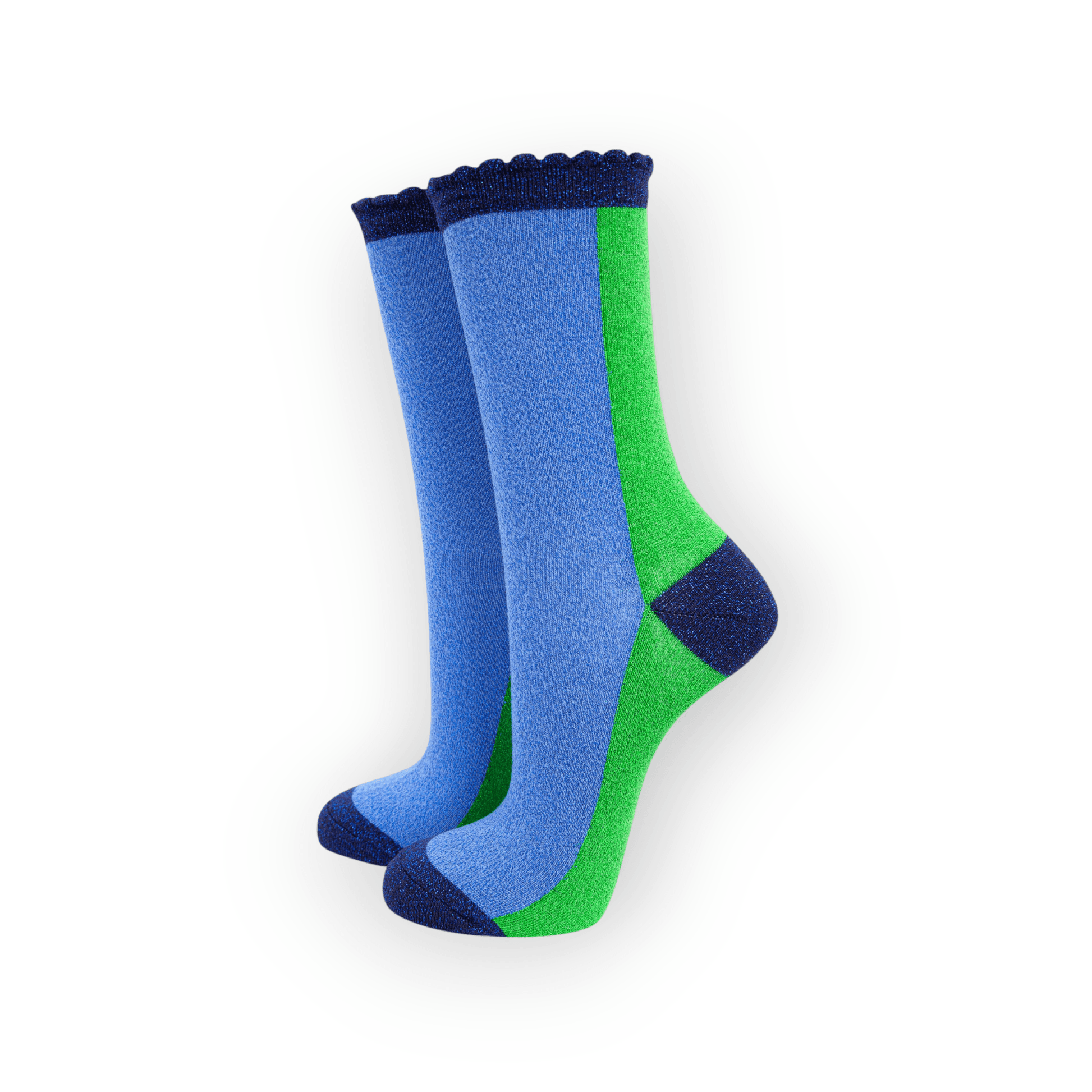 A pair of women's ankle socks with color block design in blue and green, featuring a scalloped cuff and glitter thread throughout.