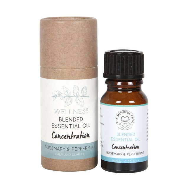 A 10ml bottle of "Concentration" essential oil blend containing Rosemary and Peppermint, designed to promote a calm and clarity effect. The bottle is packaged in a brown cardboard tube.