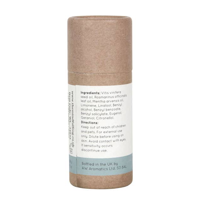 The back of a brown cardboard tube containing the "Concentration" essential oil blend by The Mindful Frog. The label lists the ingredients, including Grape Seed Oil, Rosemary Oil, and Peppermint Oil. It also includes usage instructions and a warning to keep out of reach of children and pets.