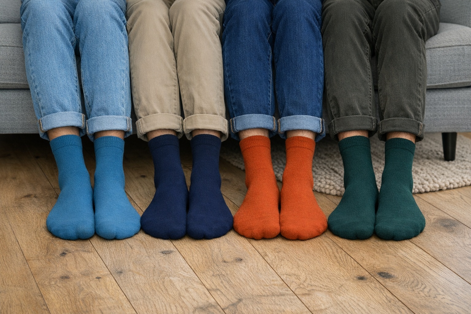 Four pairs of feet wearing colourful bamboo socks on a wooden floor.