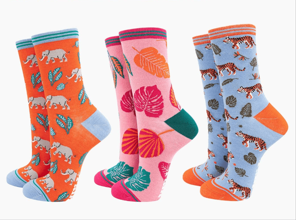 Women's Jungle Animals and Leafs Bamboo Socks Gift Box Set