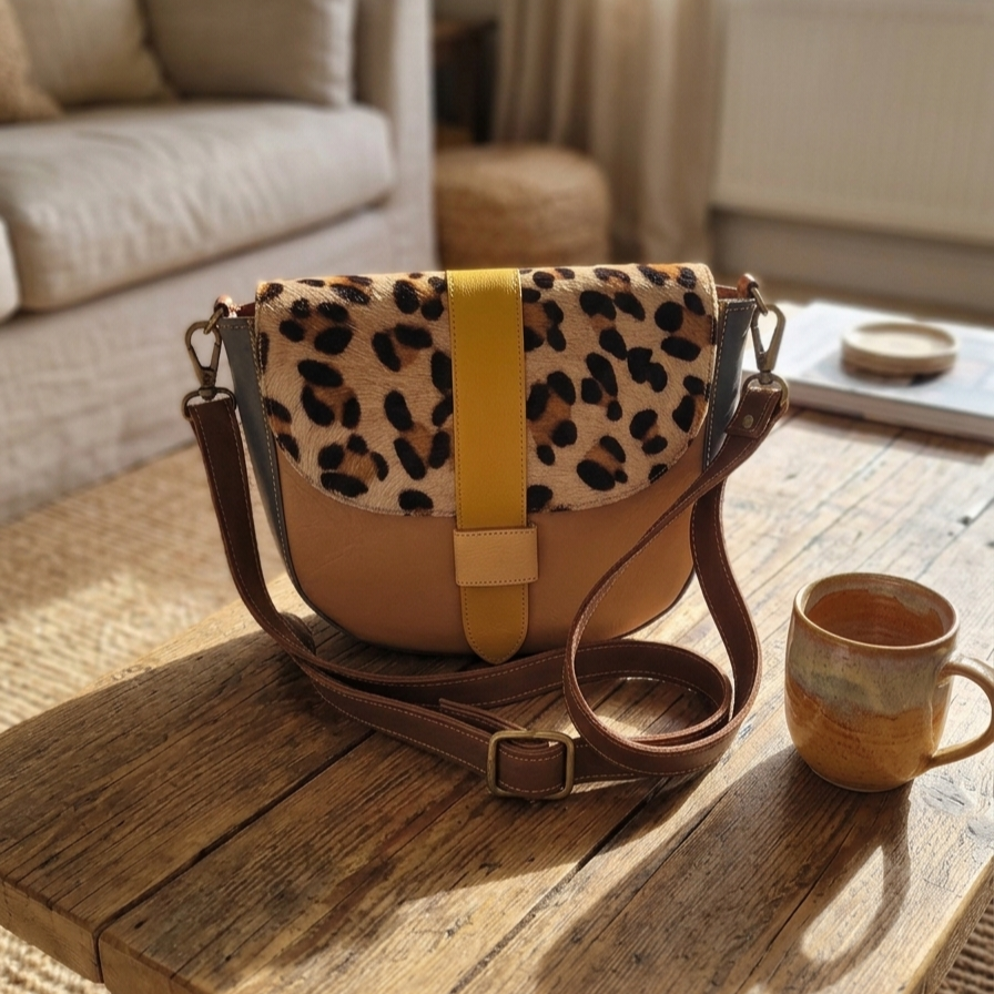 Handmade recycled leather crossbody bag in leopard print, brown and yellow patchwork design with adjustable strap on a wooden surface in a living room.