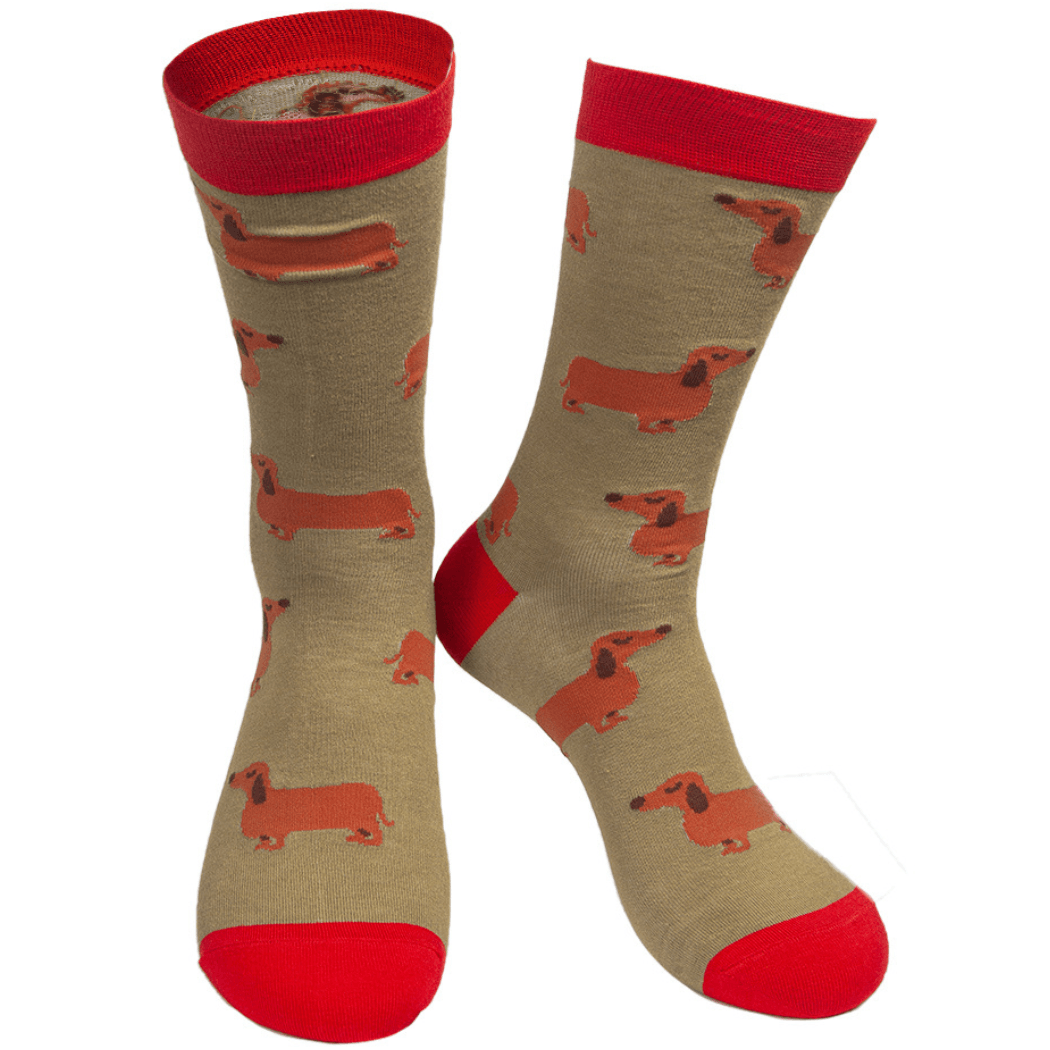 Man's Dachshund Sausage Dog Bamboo Socks in Beige and Red