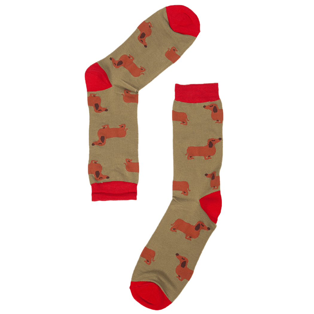 Man's Dachshund Sausage Dog Bamboo Socks in Beige and Red